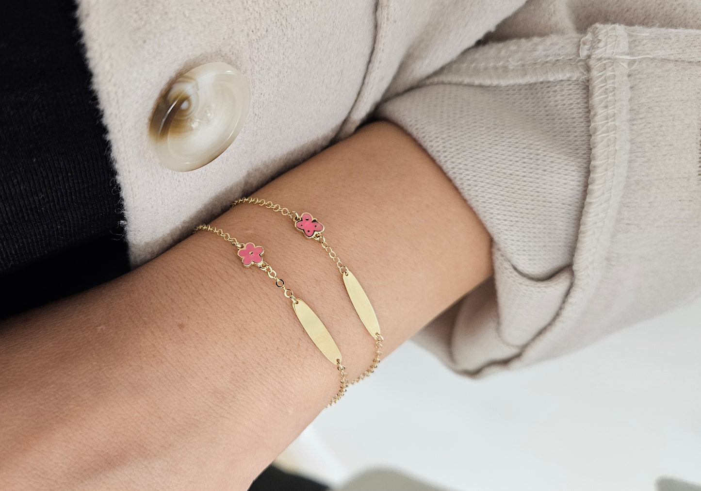 Baby ID Bracelet with Pink Enamel Butterfly 14KY Gold