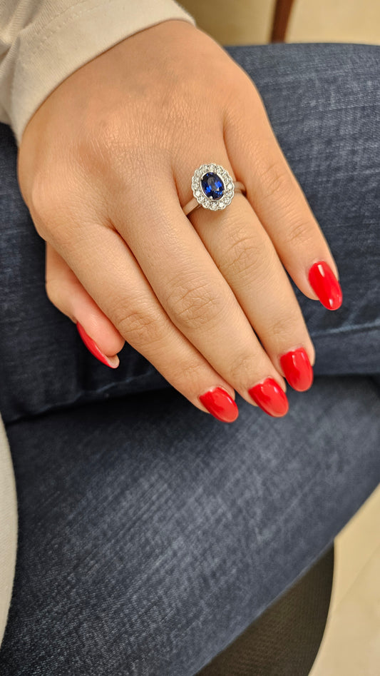 Diana Halo Blue Sapphire and Diamond Ring 14K White Gold