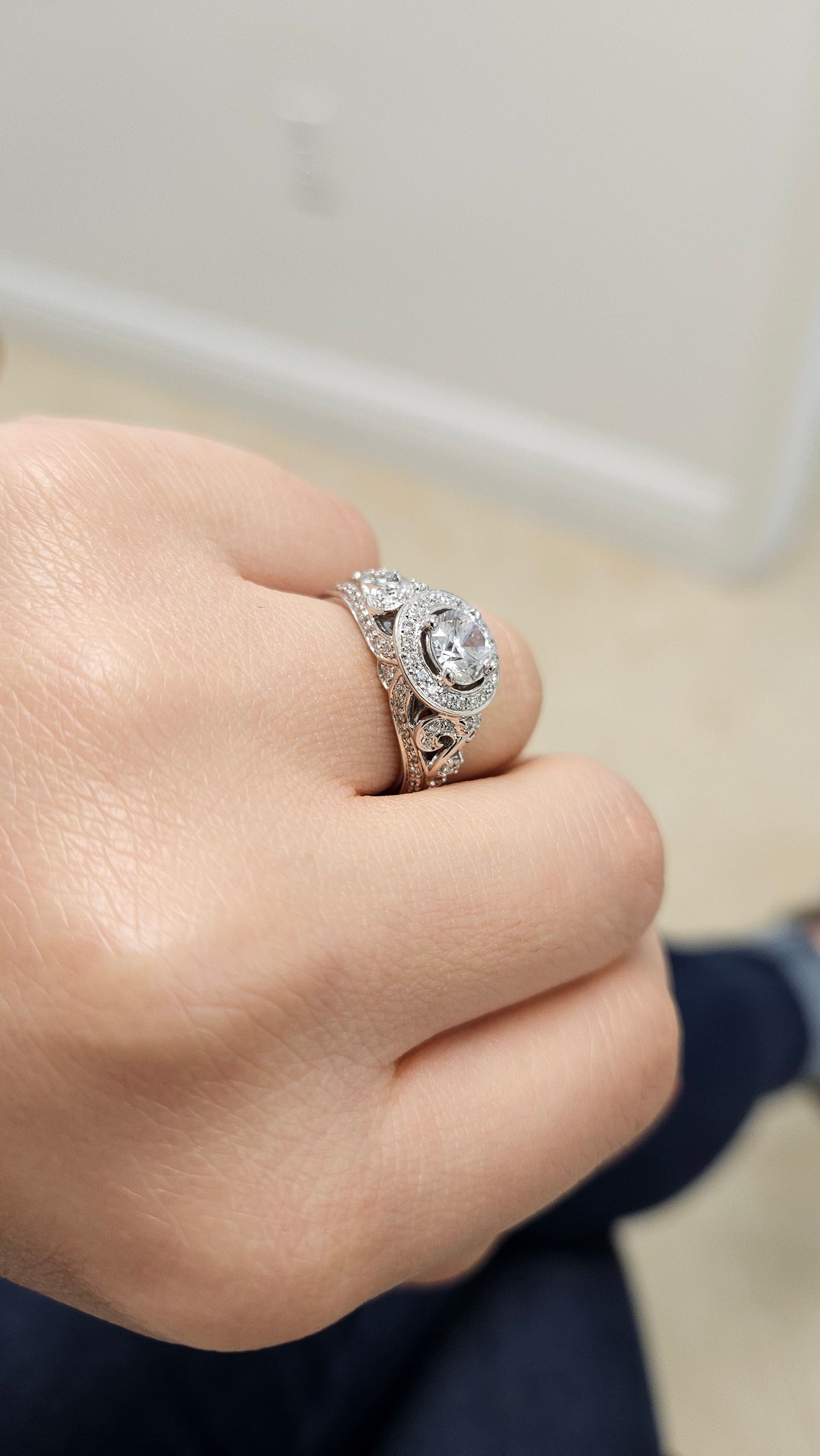 Versailles Fancy Halo Vintage Diamond Style Engagement Ring 18K White Gold