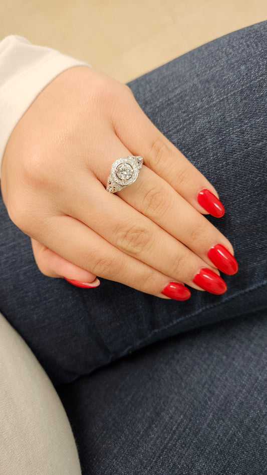 Versailles Fancy Halo Vintage Diamond Style Engagement Ring 18K White Gold