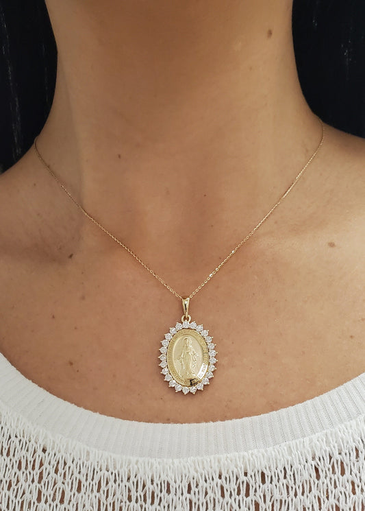 Large Diamond Miraculous Medal Necklace 27X21mm