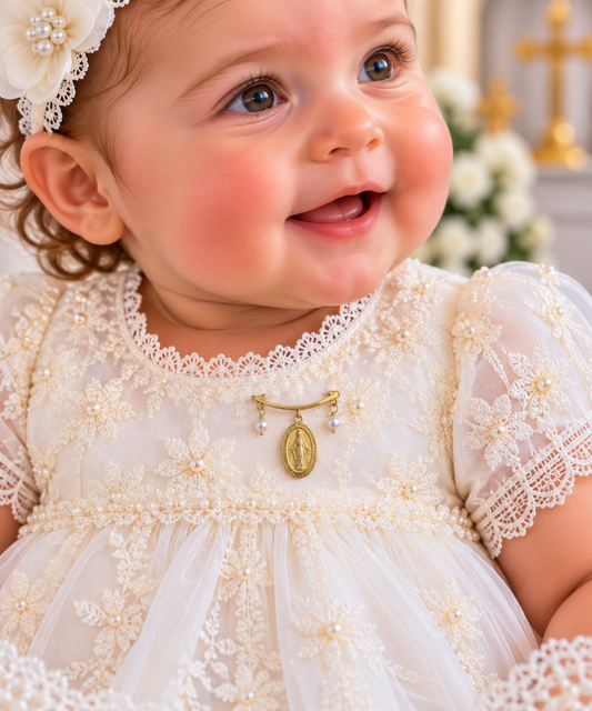 14K Yellow Gold Small Miraculous Medal and Pearl Baby Pin