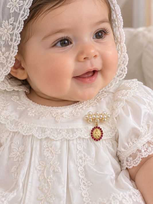 14K Yellow Gold Pearl Cluster & Gemstone Miraculous Medal Baby Pin