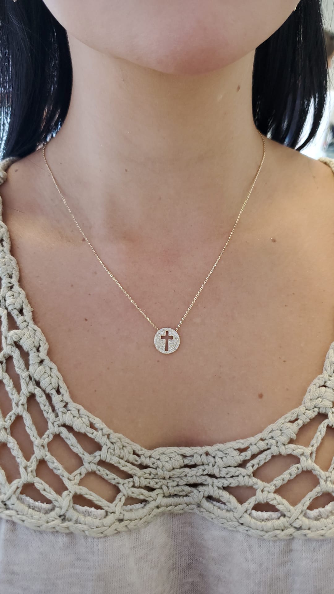 Cut Out Cross Symbol Diamond Round Pendant on Chain 14K Gold