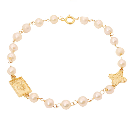 Scapular Medal And 4 Way Cross Pearl Bracelet