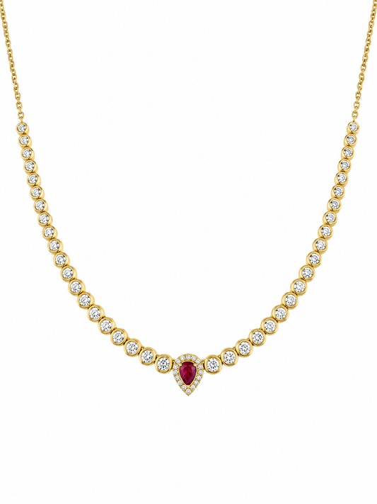 14K Yellow Gold Half Tennis Diamond Drop Necklace with Pear Gemstone & Diamond Halo