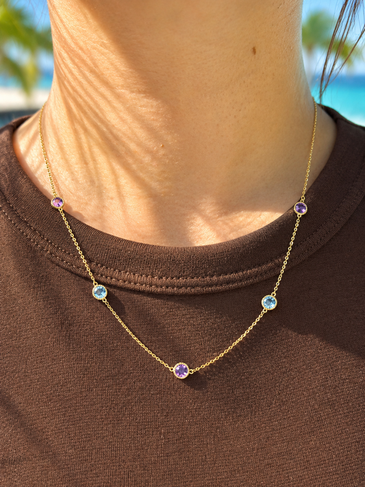 Rope Twist Halo Round Amethyst & Blue Topaz Station Necklace