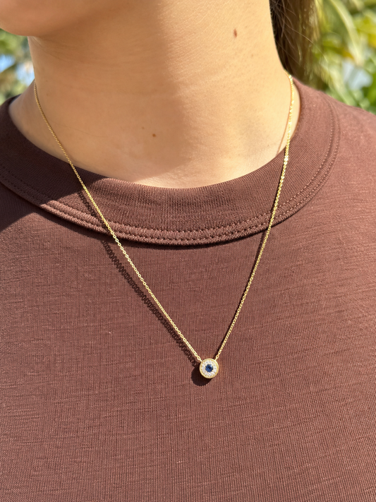 Round Color Stone & Diamond Halo Necklace