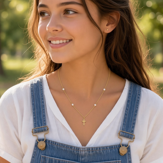 Miniature Cross on Pearl Station Necklace