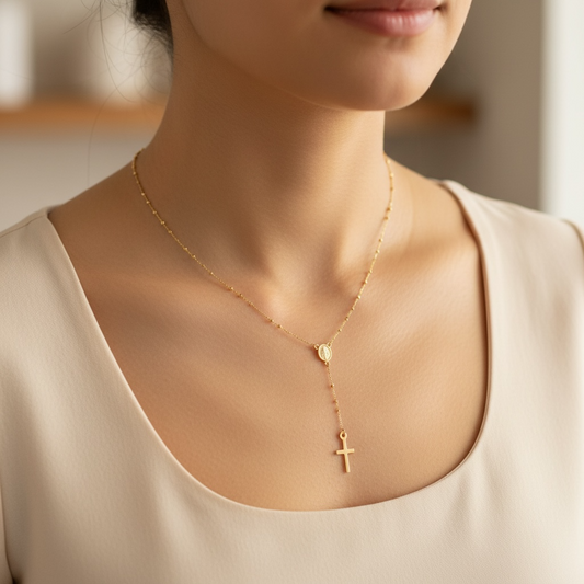 Thin Traditional Rosary with Mini Mirror Beads Necklace 20in