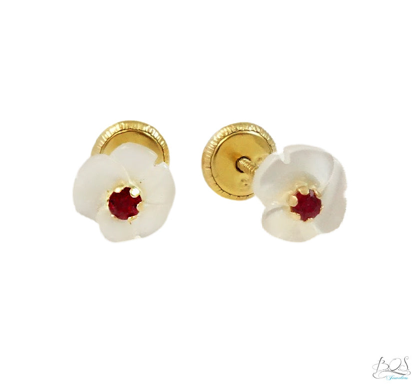 14K Gold Mother of Pearl with Color Stone in the center Baby Earrings