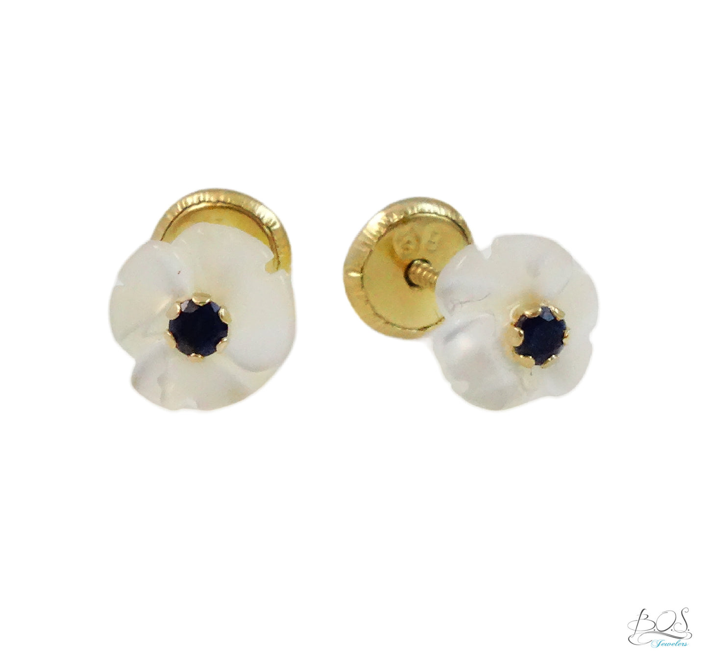 14K Gold Mother of Pearl with Color Stone in the center Baby Earrings
