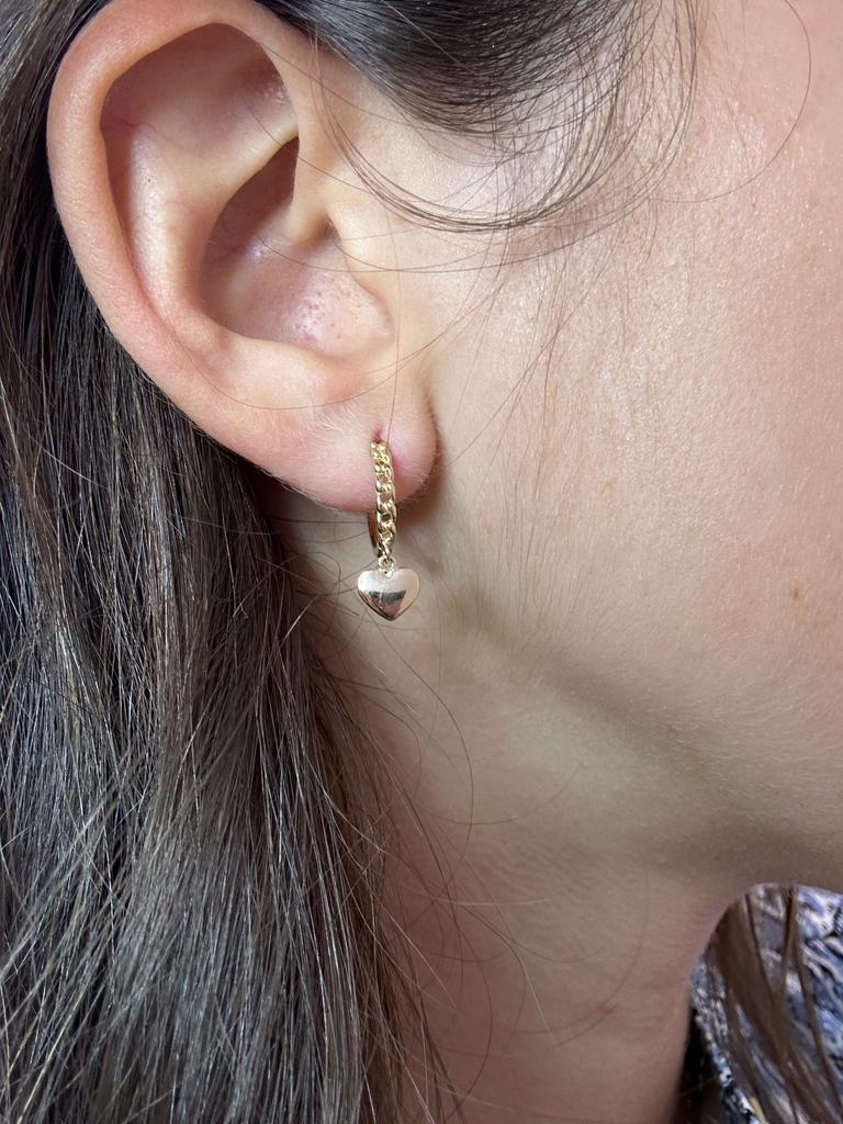 14K Gold Cuban Link Dangling Heart Huggies