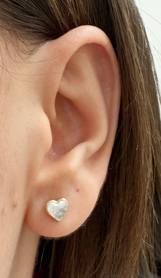 Fine Bezel Heart Mother of Pearl Stud Earrings