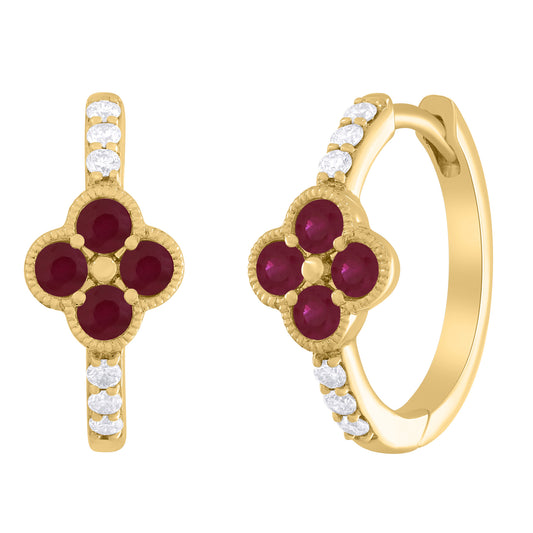 Diamond and Color Stone Clover Huggie Hoop Earrings