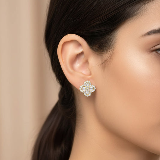 Diamond Baguette Clover Stud Earrings