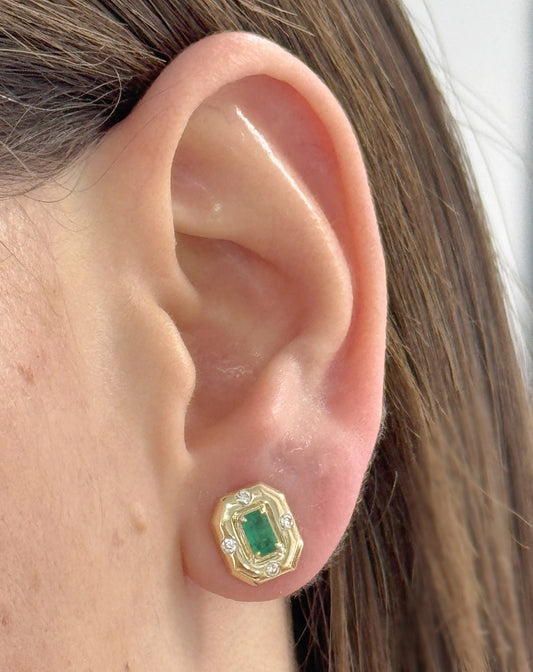 Octagonal Color Stone & Diamond Stud Earrings