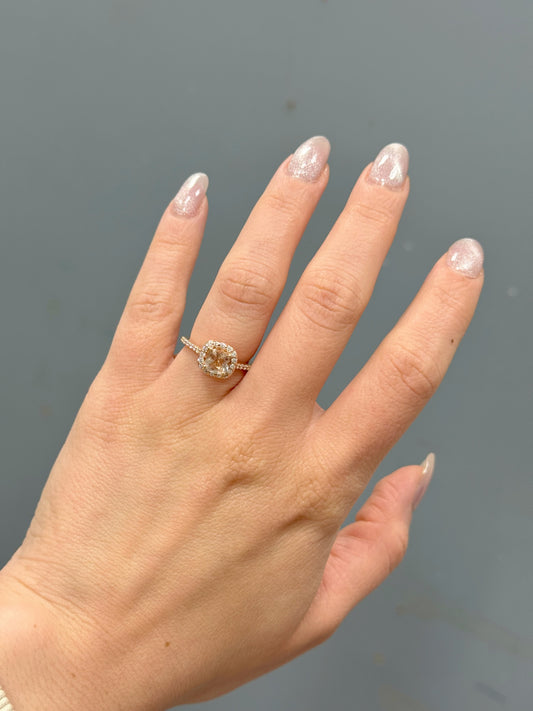 Blush Morganite Diamond Halo Engagement Ring in 14K Rose Gold