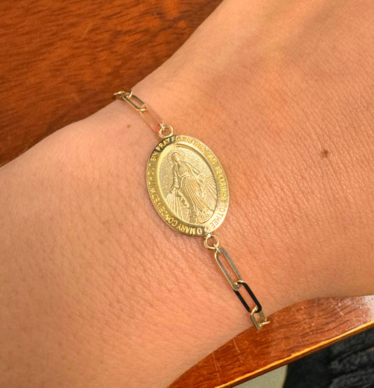 Large Miraculous Medal On Paper Clip Bracelet