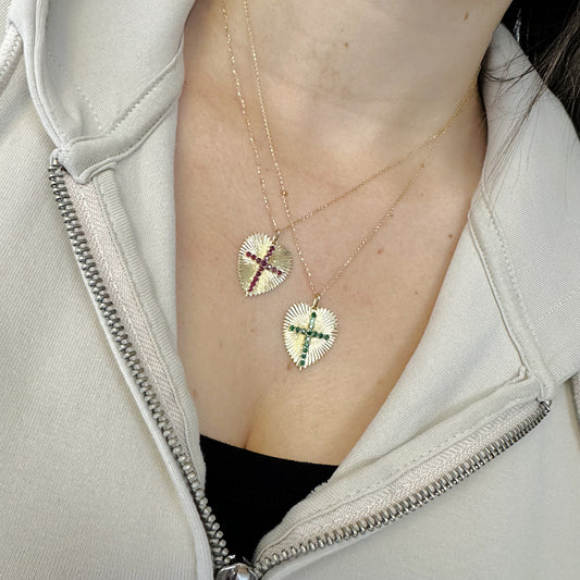 Large Radiating Gold Heart Medallion With Color Stone Cross Necklace