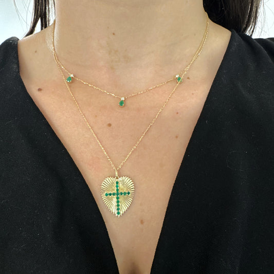 Large Radiating Gold Heart Medallion With Color Stone Cross Necklace