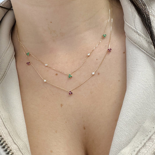 Vibrant Trio Color Stone Clusters and Diamond Bezels Necklace