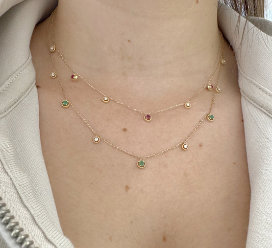 Mini Beaded Halo Color Stone and Diamond Station Dangle Necklace