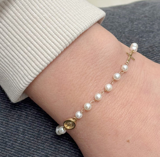 Miraculous Medal & Cross Pearl Bracelet
