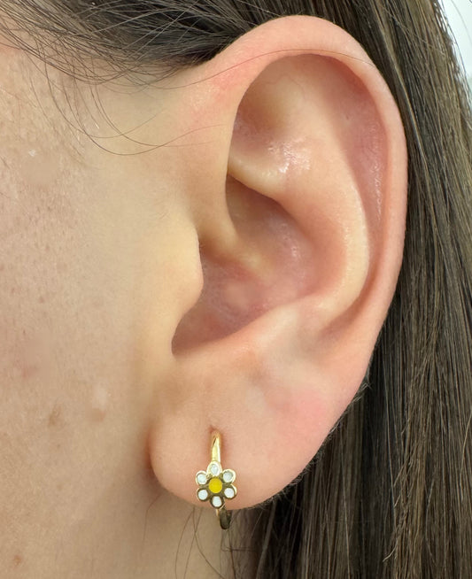 White Enamel Flower Huggie Earring