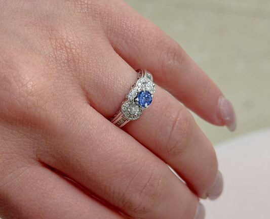 Three Stone Luxe Tanzanite and Diamond Ring 14K White Gold