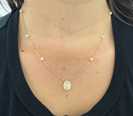 Miniature Guadalupe or Miraculous  Medal with Cubic Zirconia Frame on Pearl Necklace