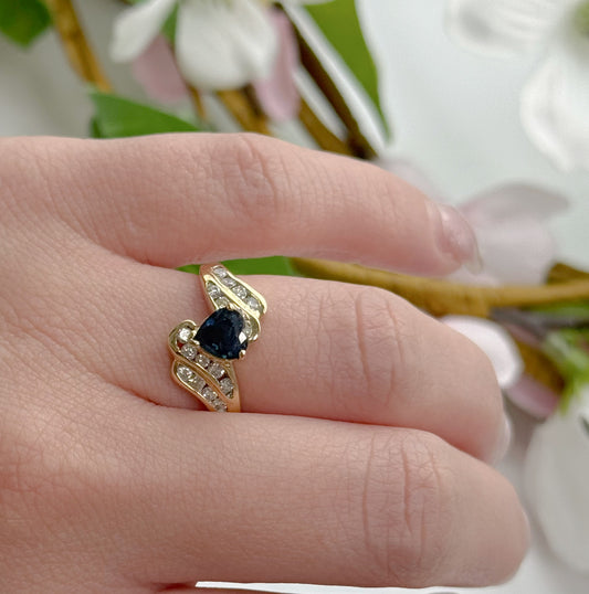 14K Yellow Gold Heart Shape Blue Sapphire & Diamond Wave Ring