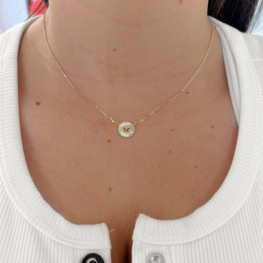 Round Mother of Pearl Butterfly Cut-Out Necklace