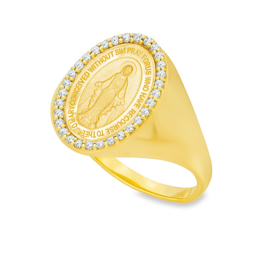 Dainty Diamond Miraculous Medal Signet Ring