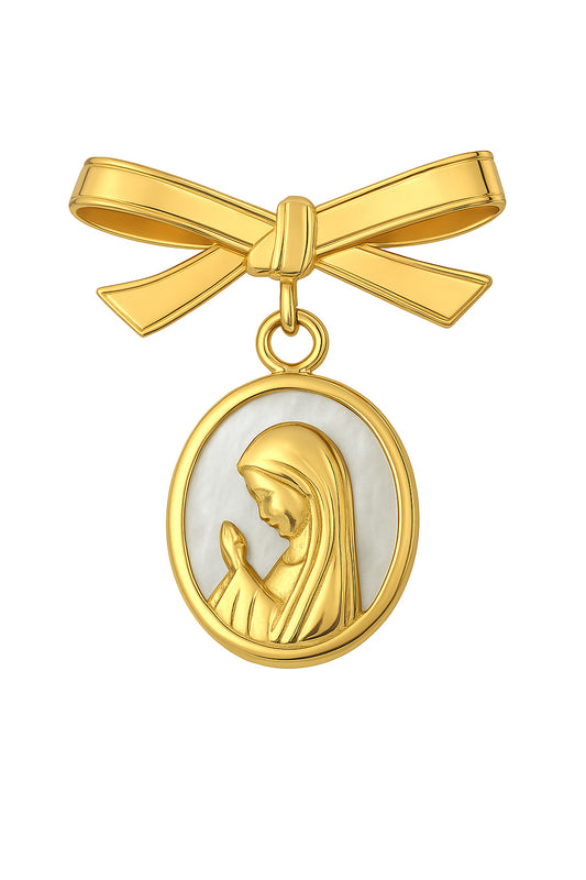 Mother of Pearl Praying Virgin Medal Bow Baby Pin