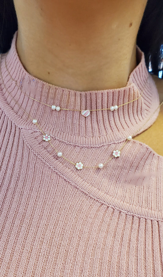 14K Multi Enamel Flower and Pearls Necklace