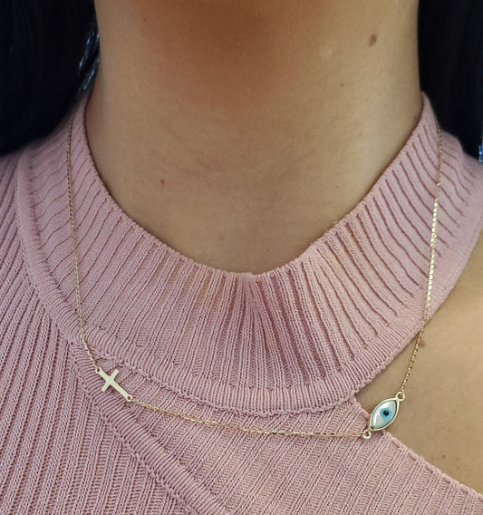 14k Gold Mother of Pearl Evil Eye Charm with Cross Necklace
