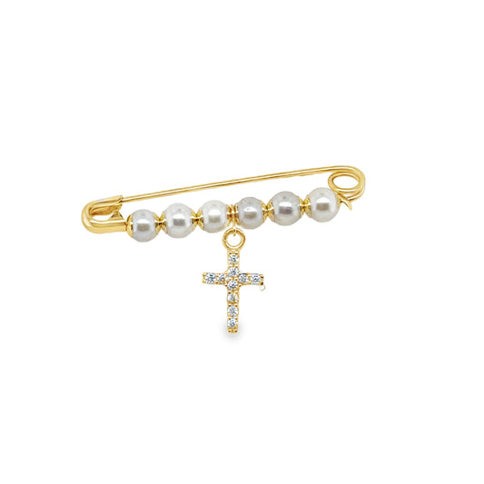 Pearl Baby Pin with Cubic Zirconia Cross