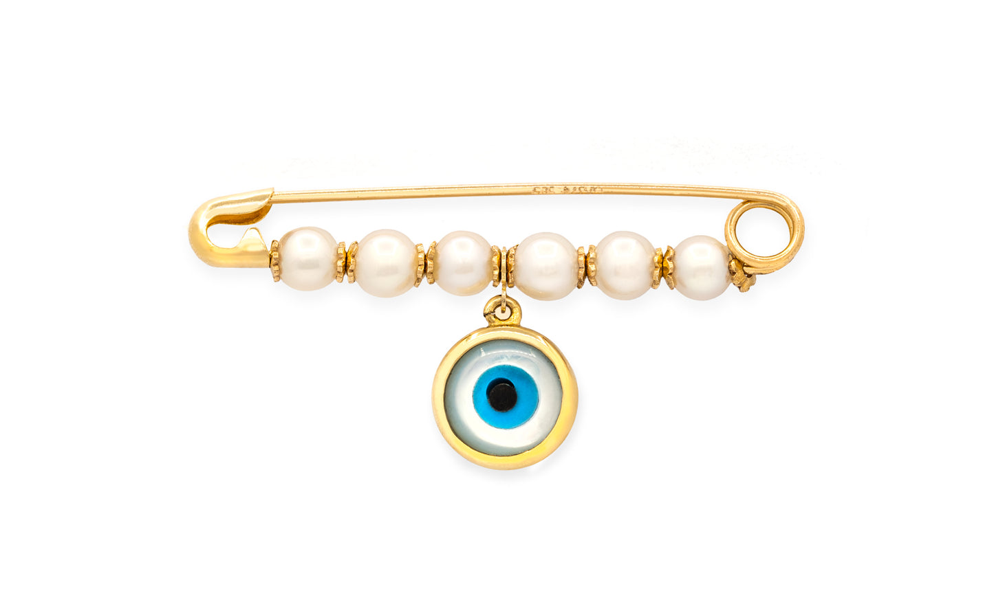 Pearl Baby Pin with Evil Eye Charm