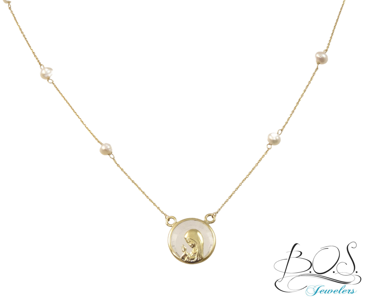 Round Austrian Crystal Gold Praying Virgin Mary on Pearl Necklace 14K Yellow Gold