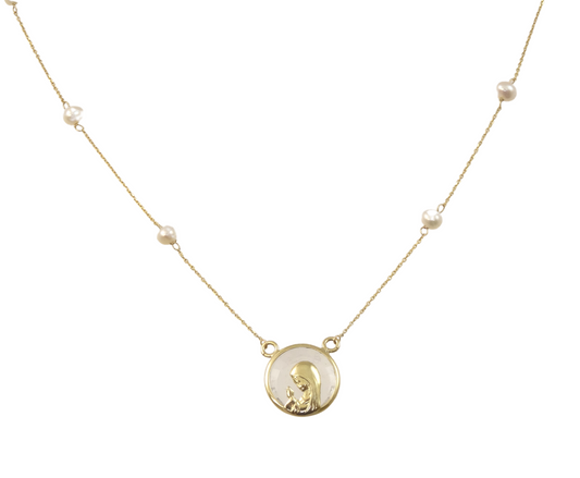 Round Austrian Crystal Gold Praying Virgin Mary on Pearl Necklace