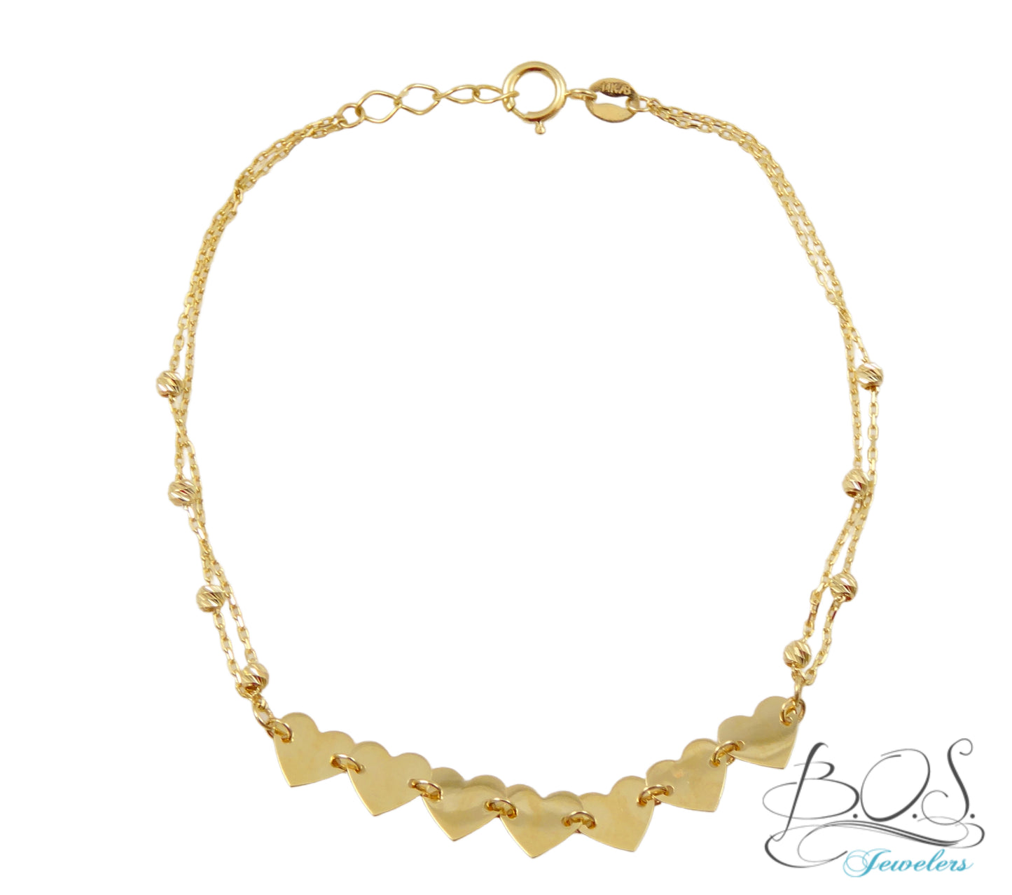 14K Gold Beaded Double Chain Bracelet with Multi Heart