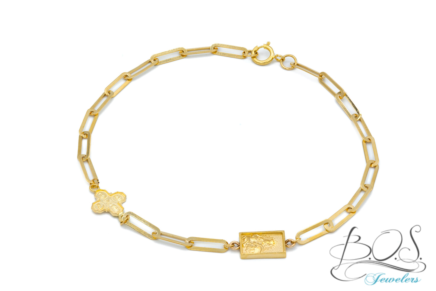 14K Gold Scapular and Four Way Cross Paperclip Bracelet