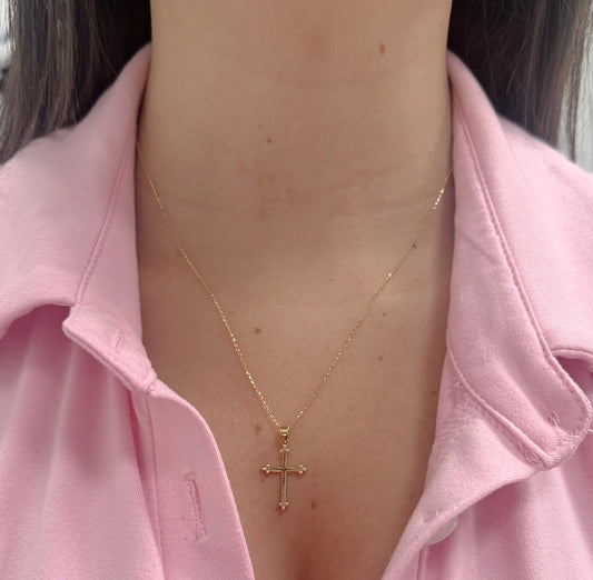 14K Yellow Gold Budded Tip Thin Cross Pendant