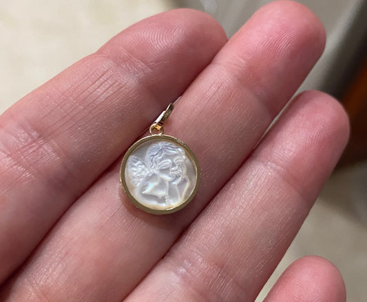 Mother of Pearl Cherubim Angel Medal Engravable Pendant