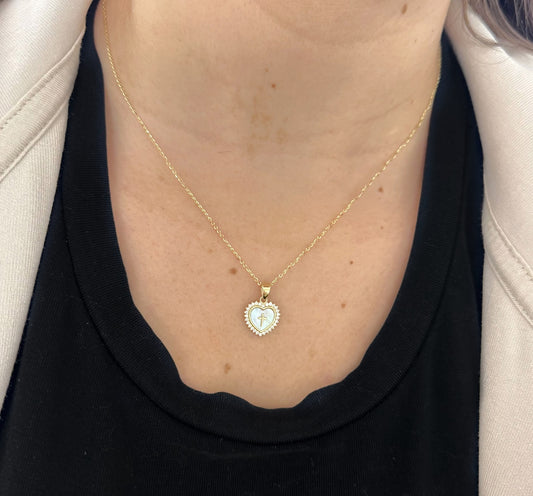 Mother of Pearl Heart Pendant with CZ Halo And Cross 12mm