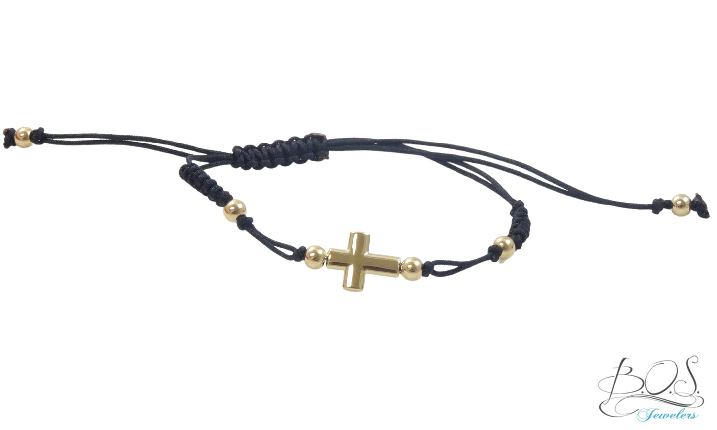 14K Gold Small Puff Cross on Macrame Bracelet