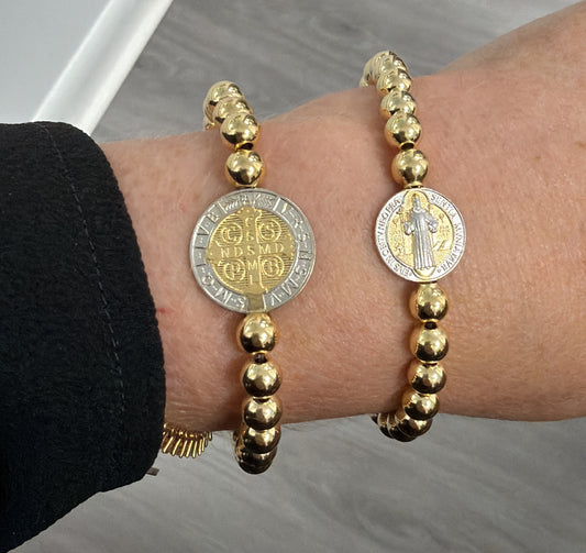 Two-Tone 14K Gold St. Benedict Medal Gold Filled Bead Elastic Bracelet-17.5mm