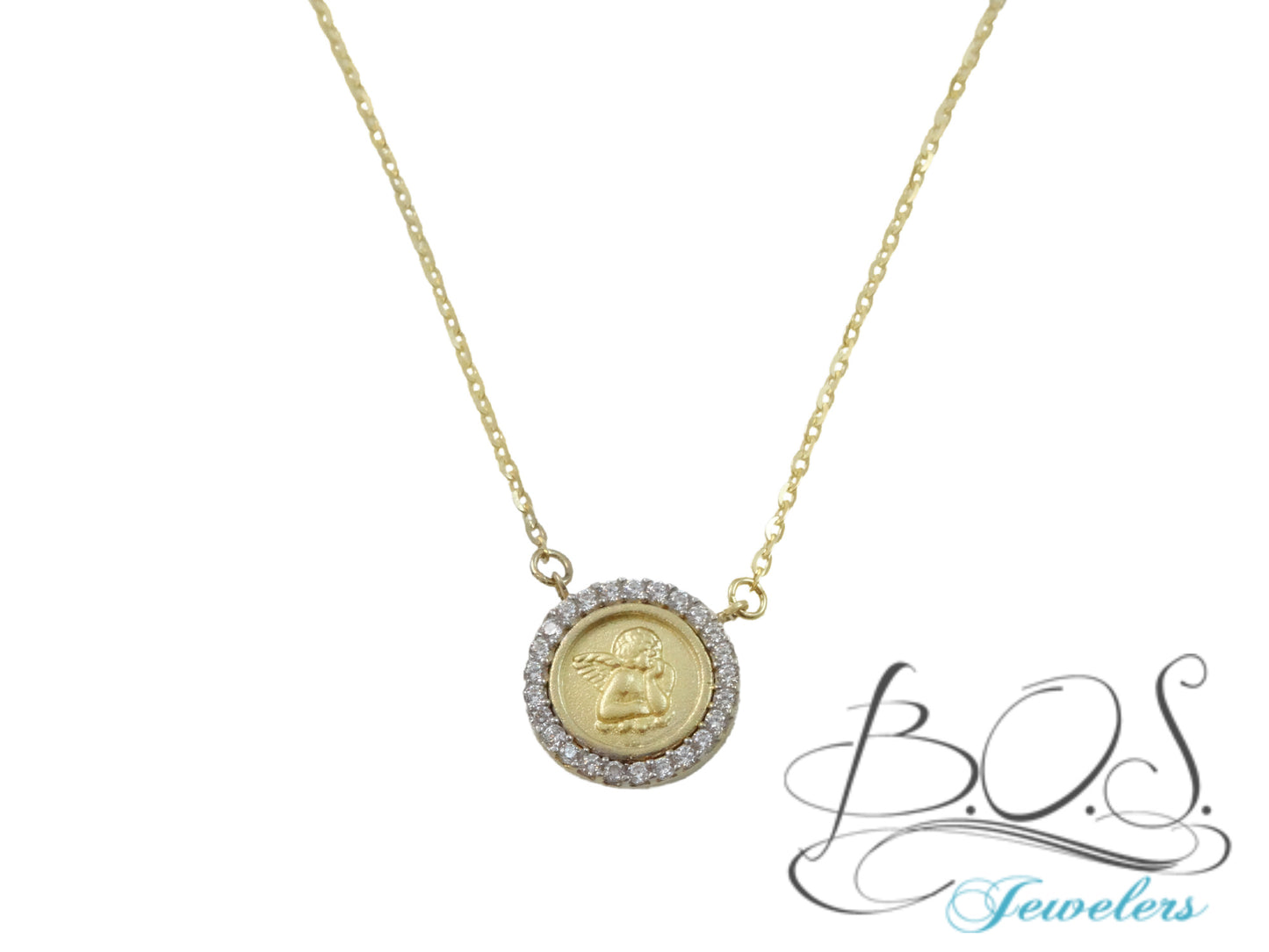 Round Cubic Zirconia DaVinci Angel Medal Necklace 14K Gold