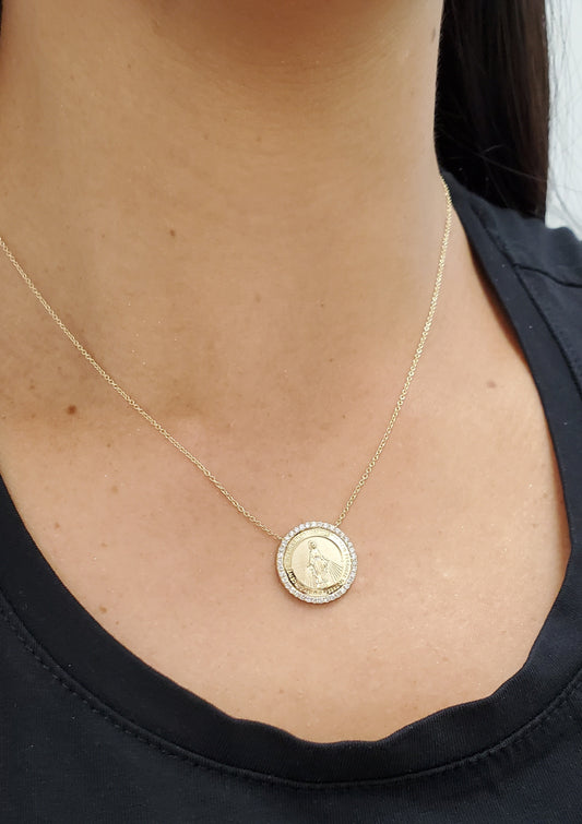Radiant Grace Round Diamond Miraculous or Guadalupe Medal Necklace